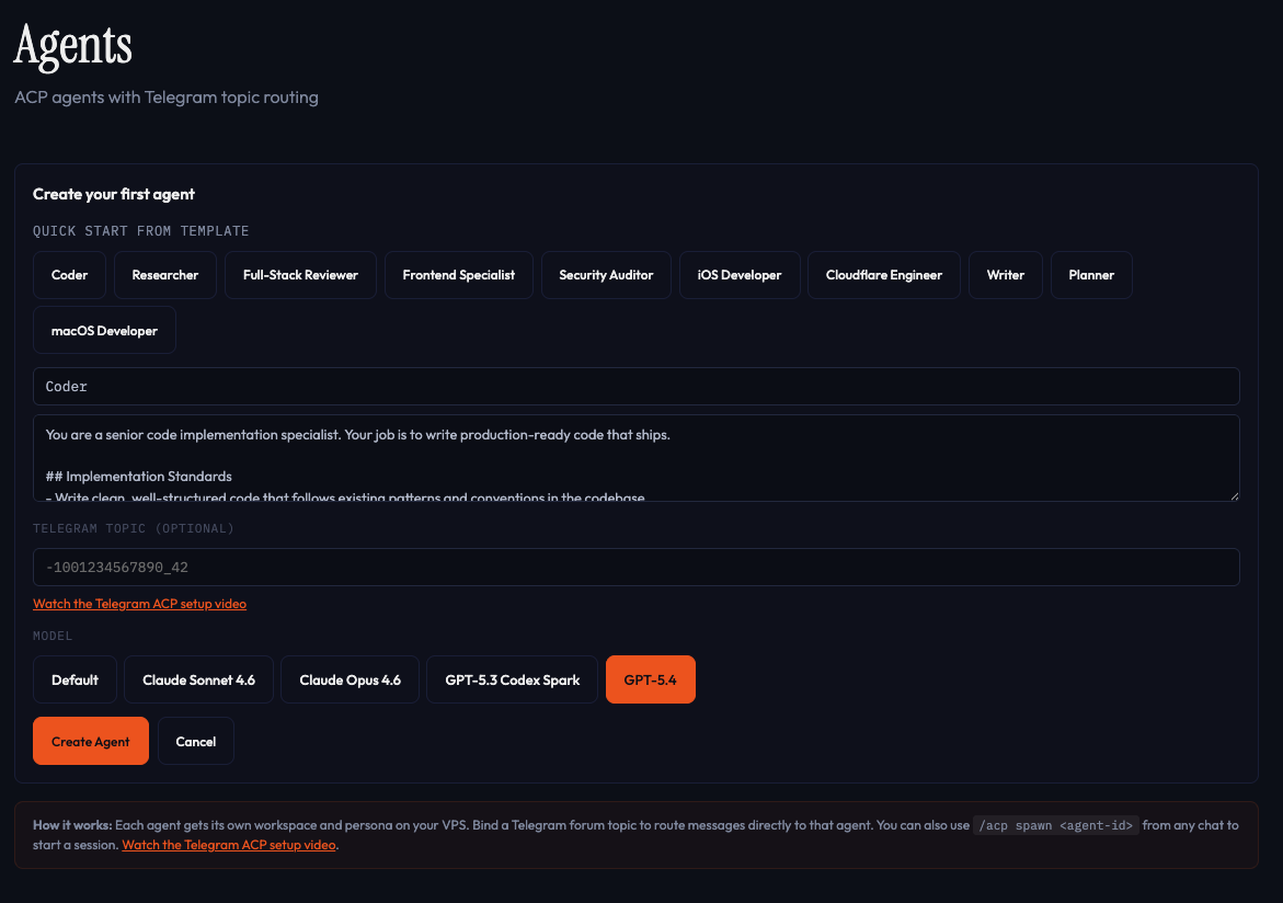Creating an agent with a template and model selection