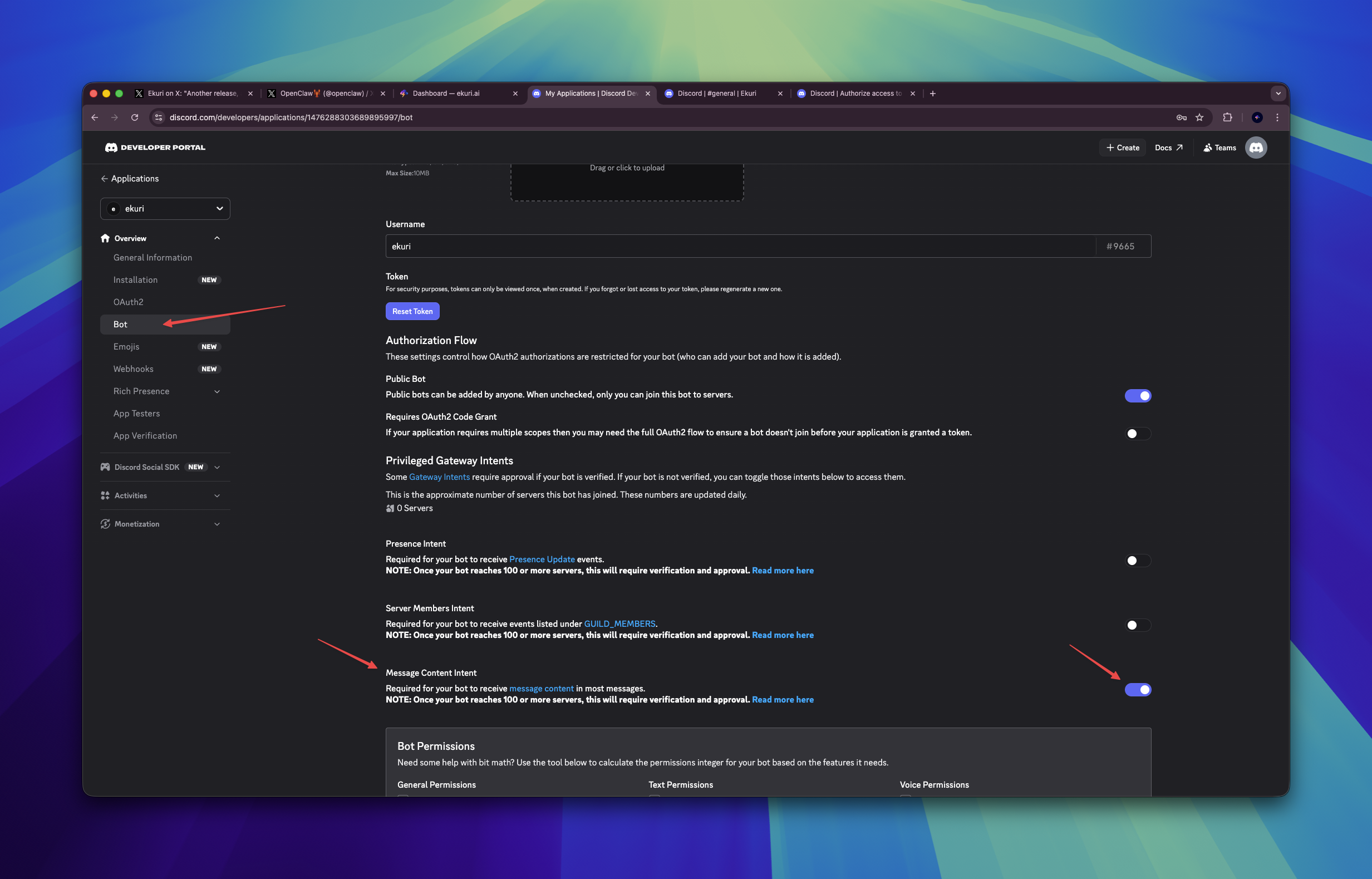 Scroll down to Privileged Gateway Intents and enable Message Content Intent