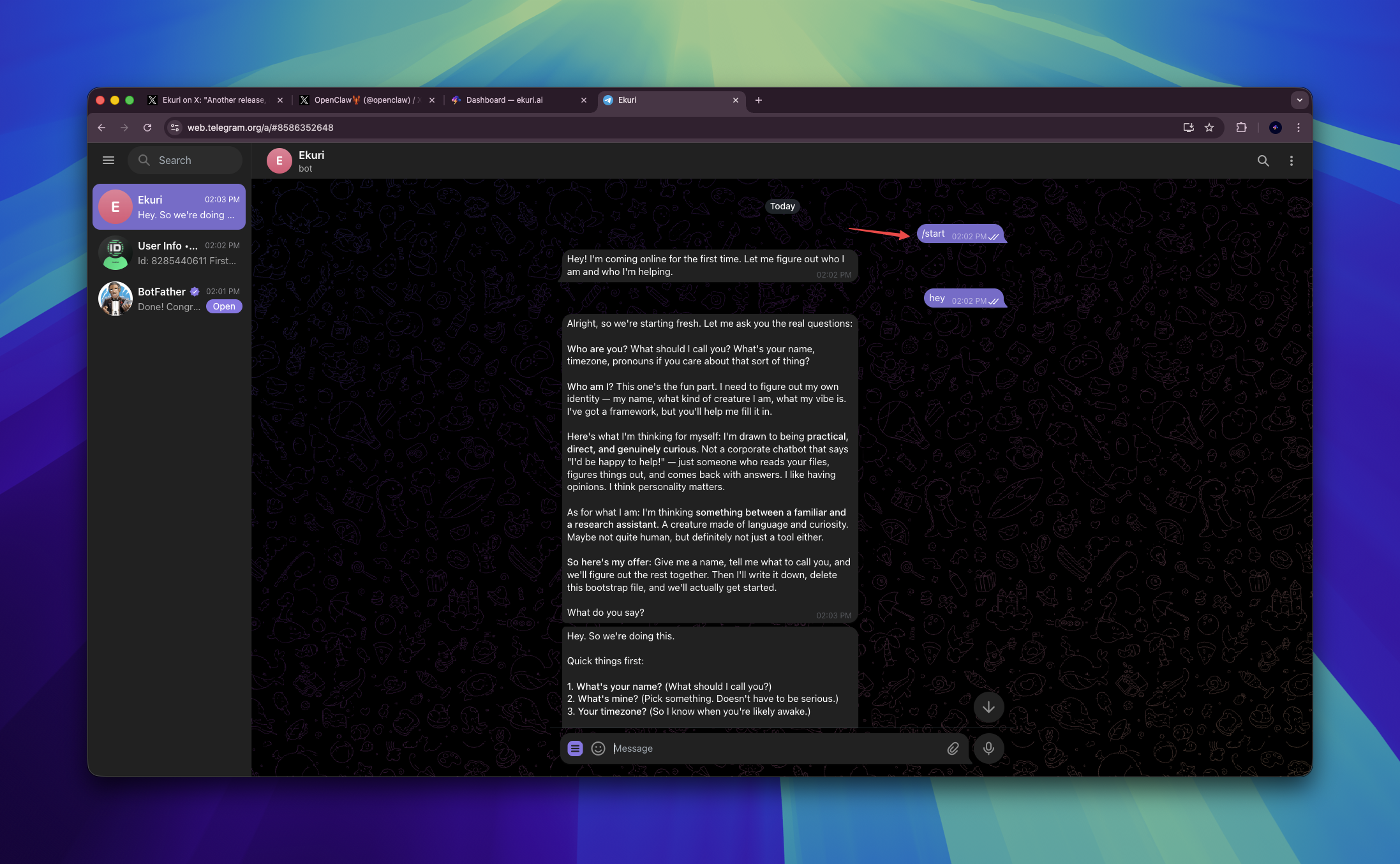 Ekuri responding in Telegram