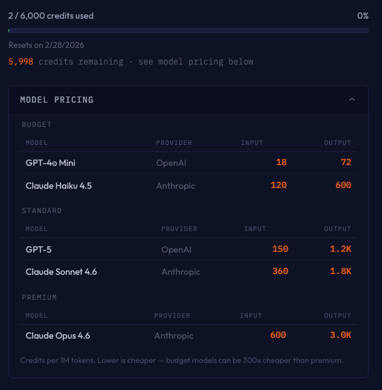 Credit usage bar and model pricing table